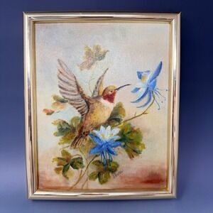 J Barr Signed Hummingbird Oil Painting on Fredrix Canvas Gold Frame 8x10 Art